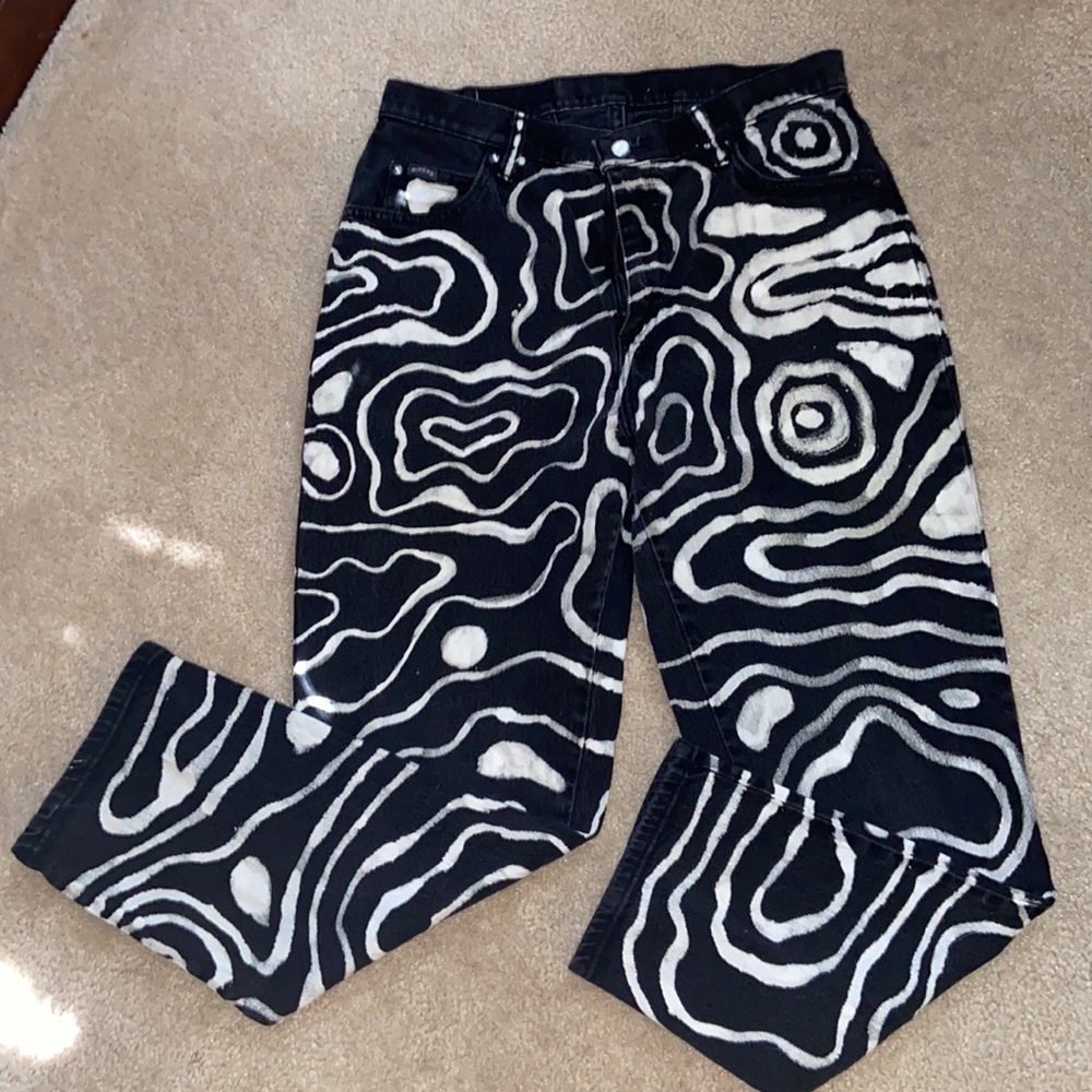 Riders black upcycled pattern bleached jeans